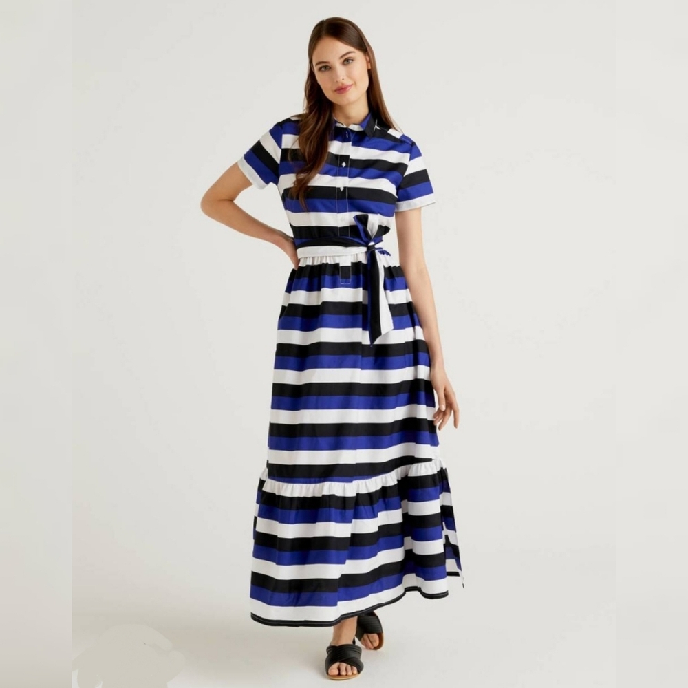 United Colors of Benetton Black/White/Blue Striped Belted Maxi Shirt Dress